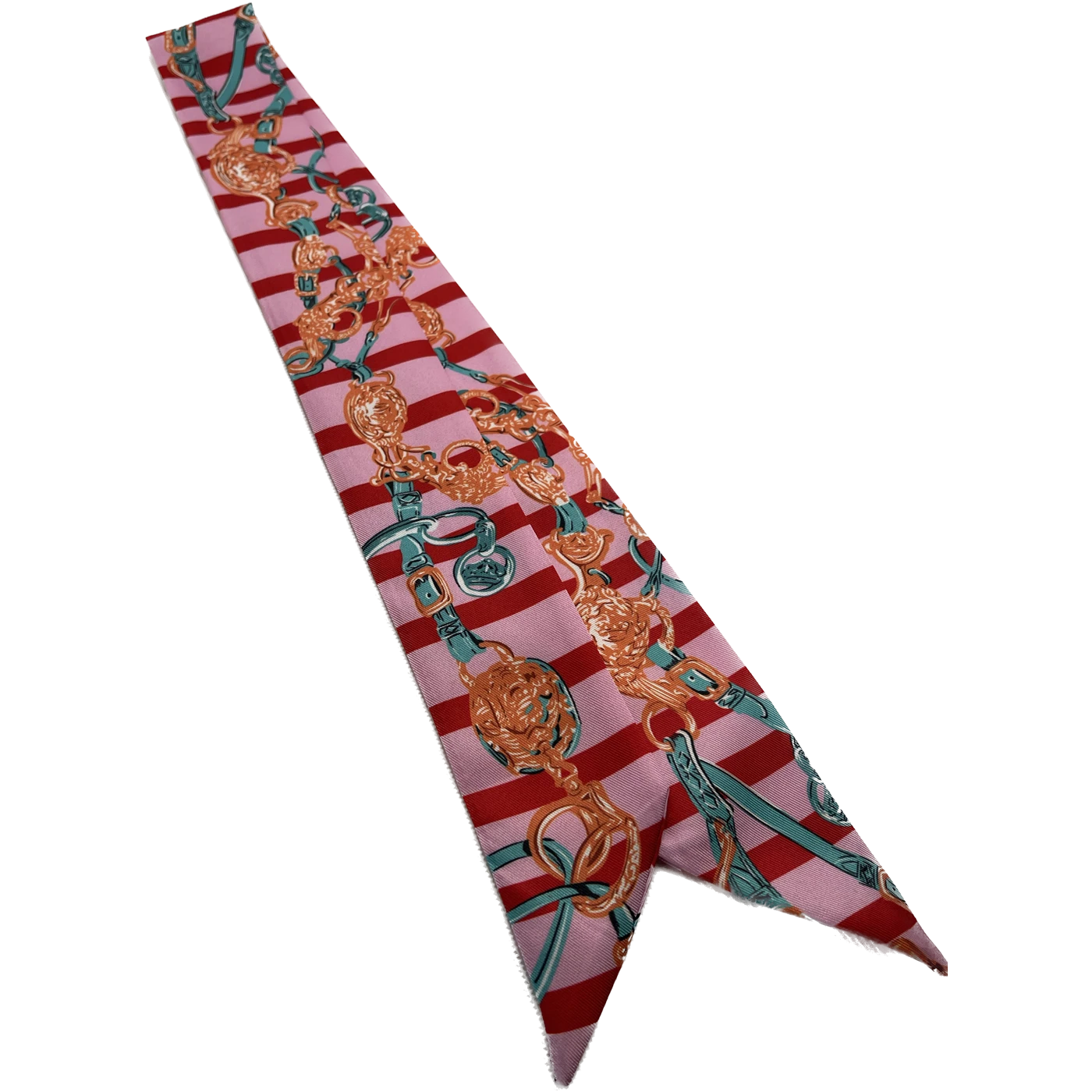 Twilly Scarf in Hot Pink with Red Stripes with gold chains accents