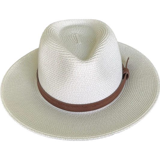 Panama Hat in White accented with Brown Leather Belt
